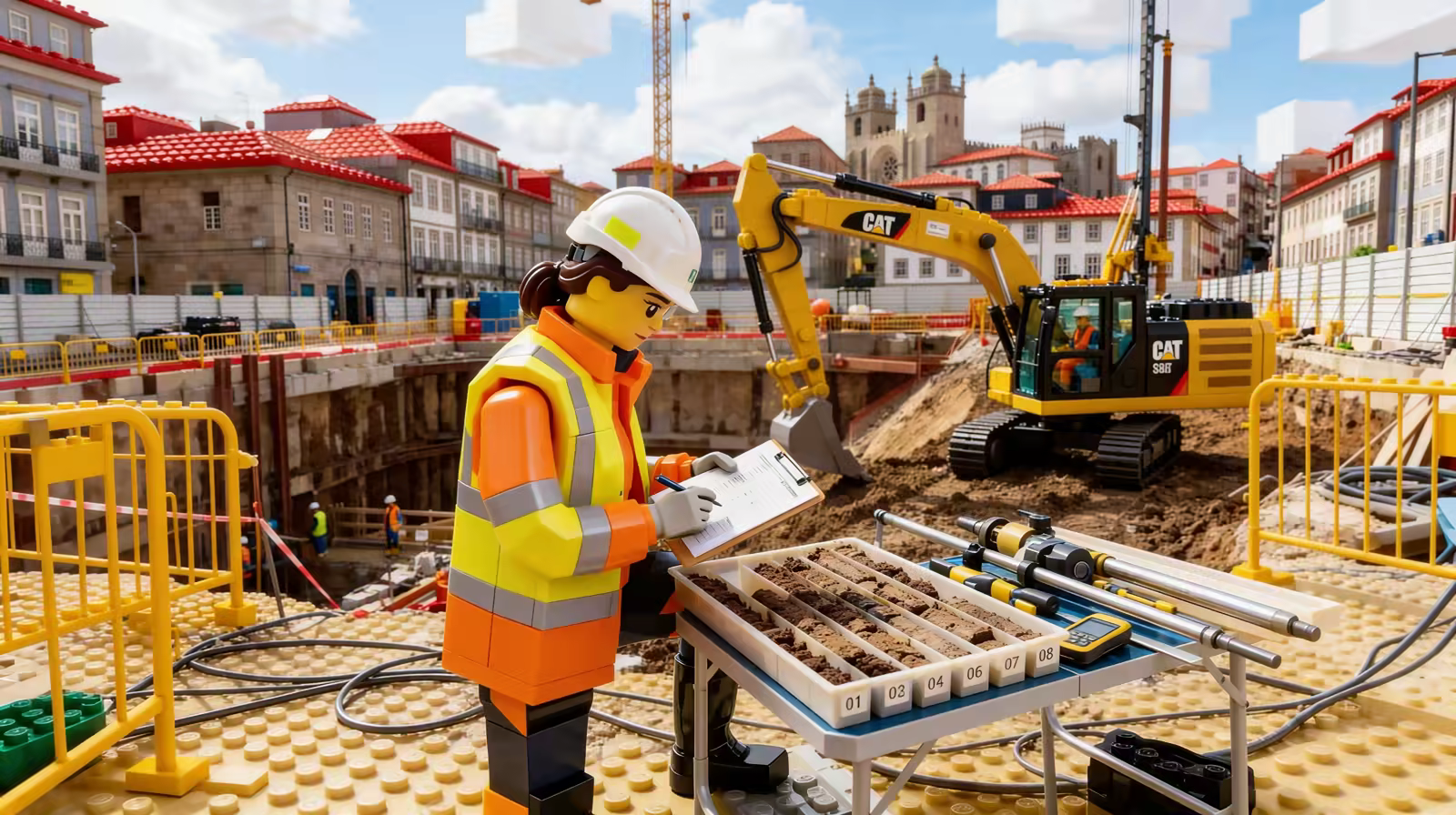 Frente de construção urbana com escavação ativa e solo exposto em contexto de avaliação prévia de contaminação.