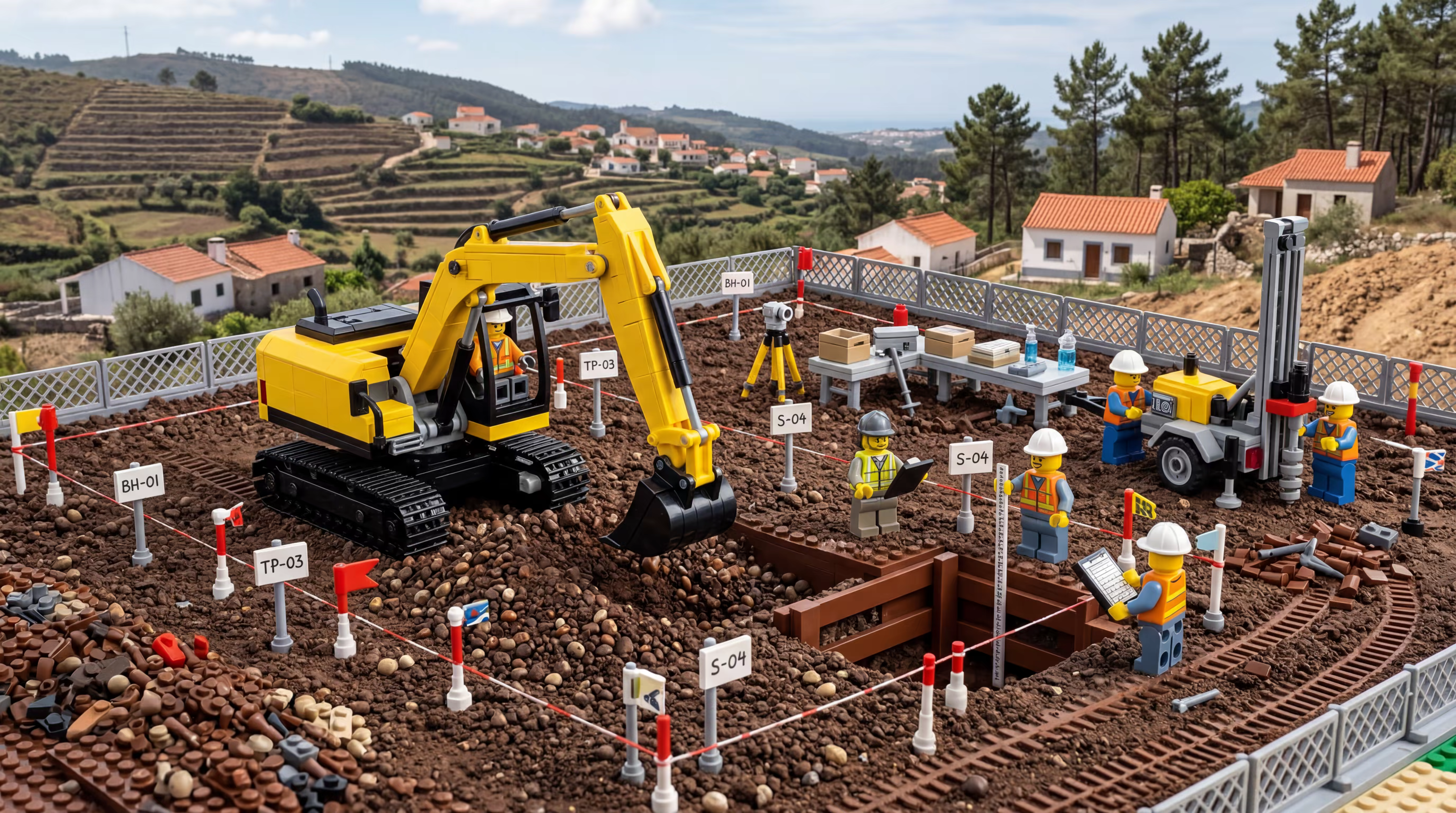 Escavadora a operar em terreno de obra, ilustrando o planeamento de pontos e profundidades em campanhas de amostragem.