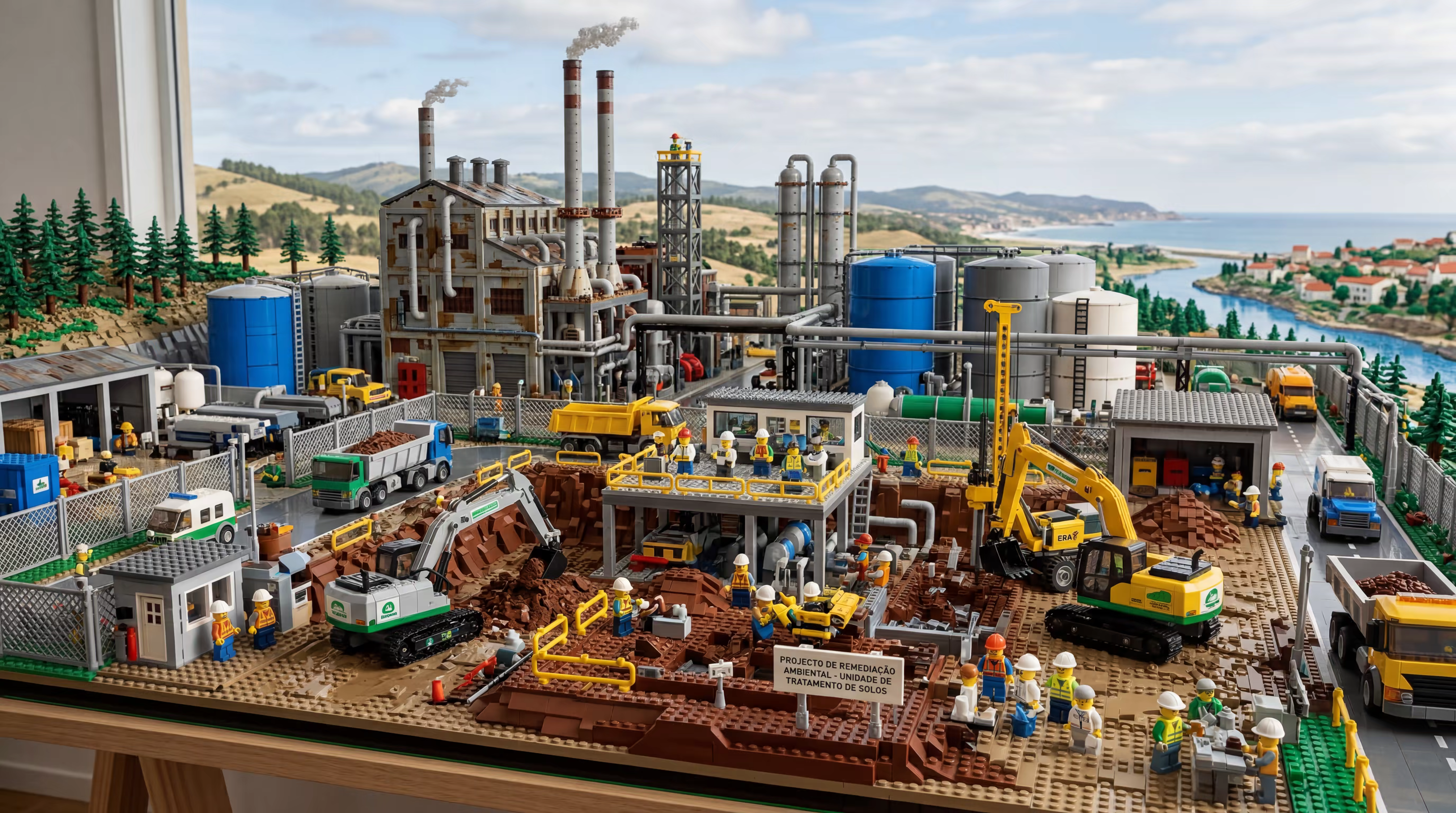 Complexo industrial com chaminés e infraestruturas pesadas, ilustrando o contexto de conformidade ambiental de solos na União Europeia.