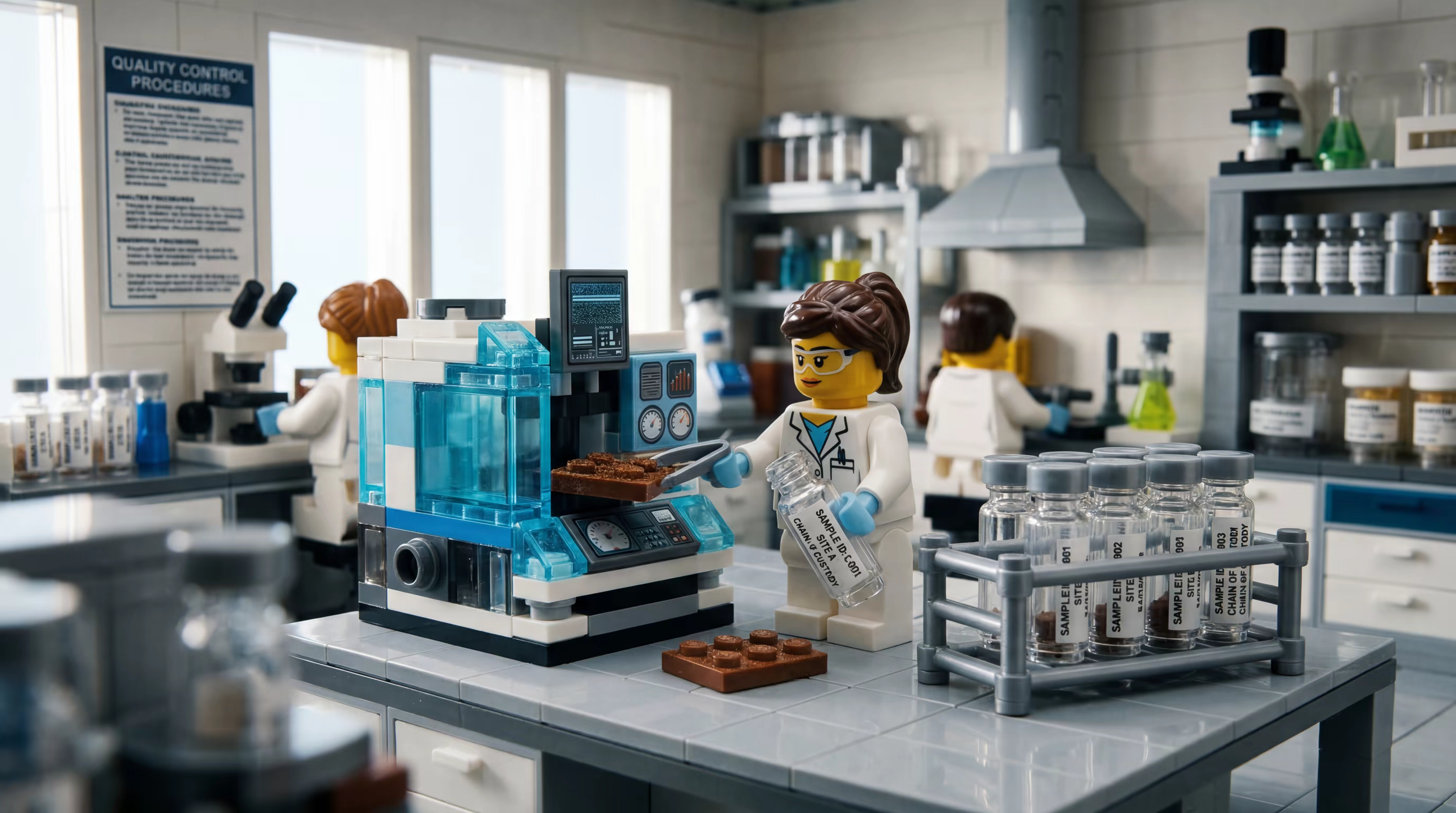 Especialista em laboratório com equipamento analítico, representando controlo de qualidade e rastreabilidade de amostras.