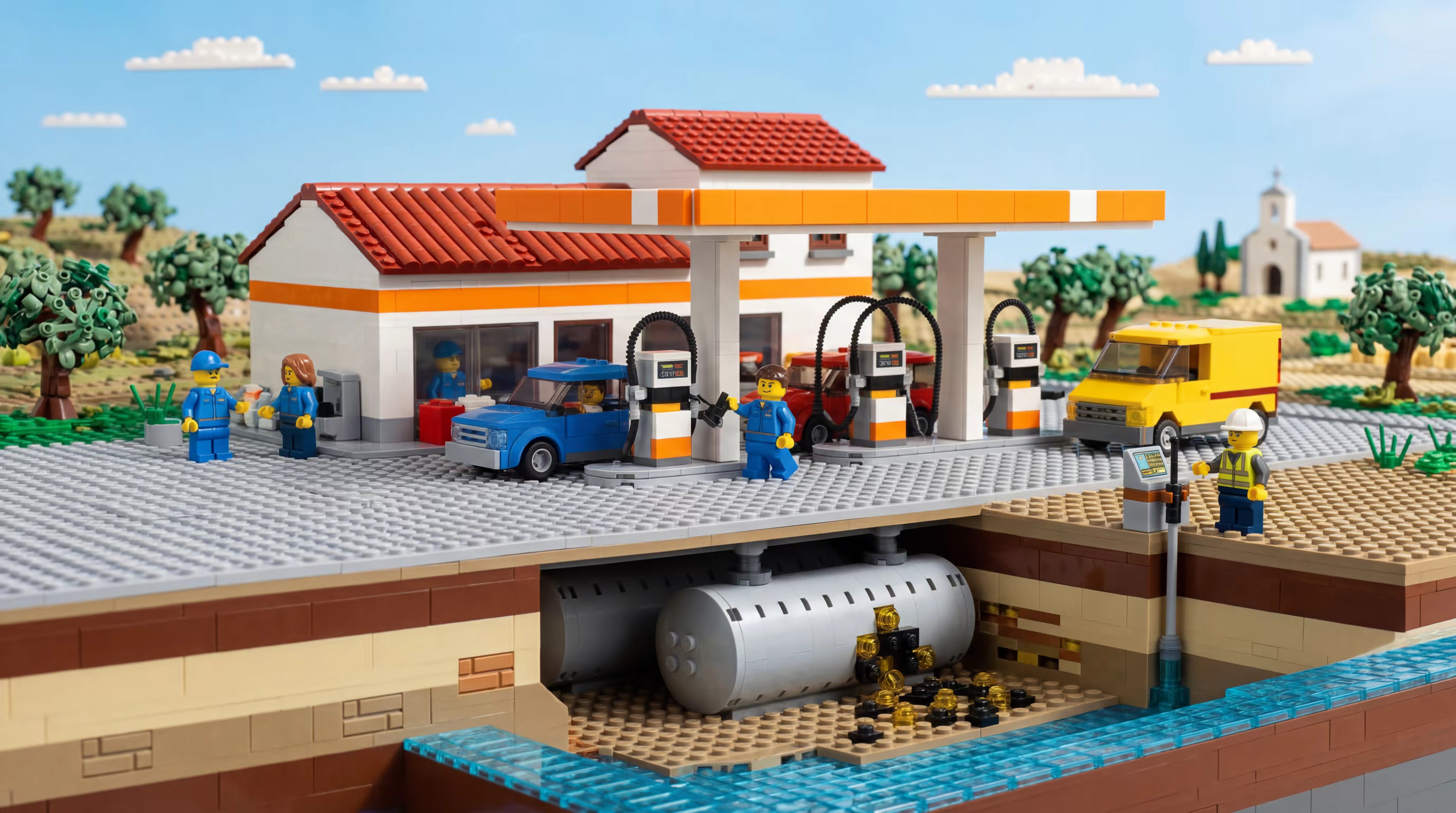Estação de serviço em operação, cenário típico para monitorização de hidrocarbonetos em solo e água subterrânea.
