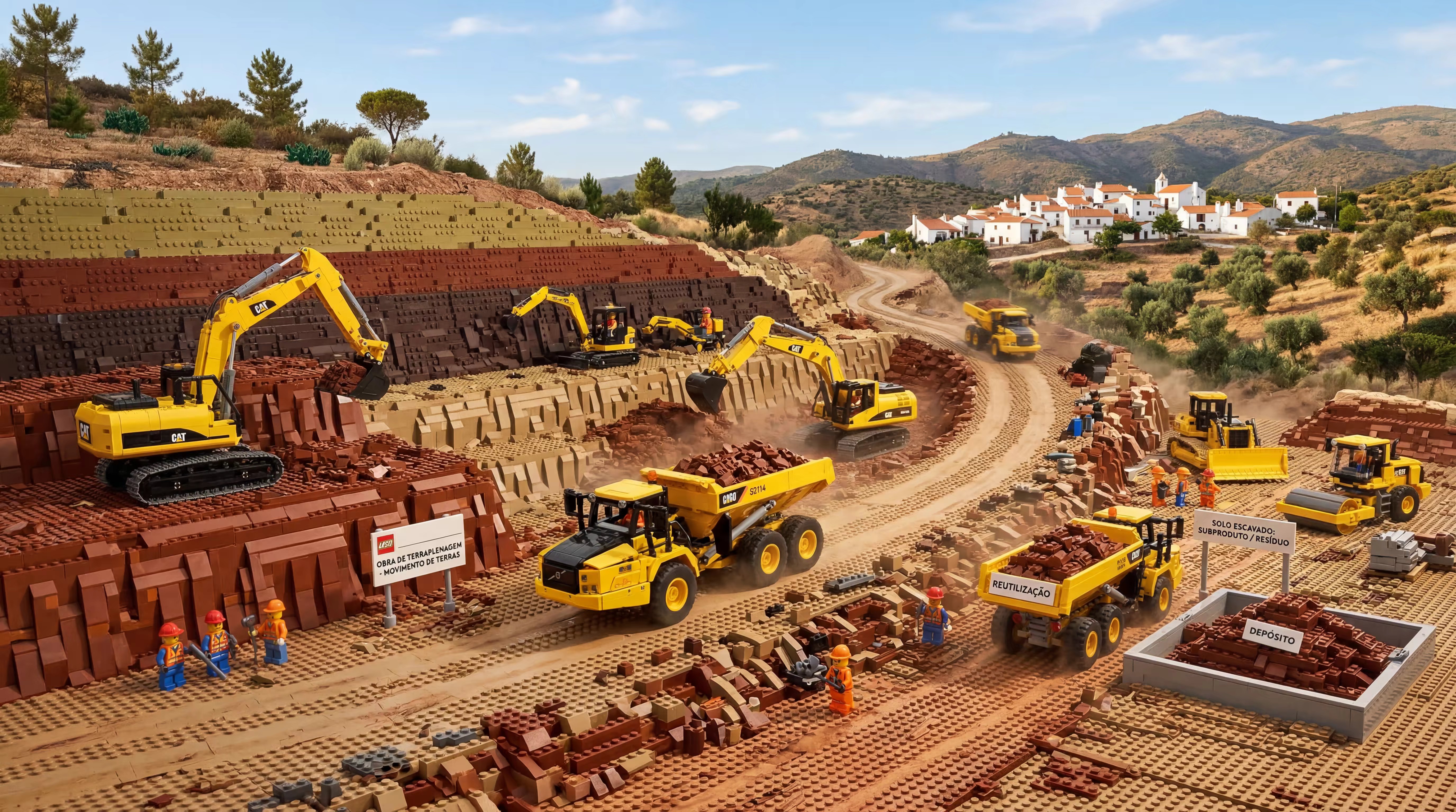 Escavação em frente de obra com movimentação de terras, cenário típico para decisão entre subproduto e resíduo.