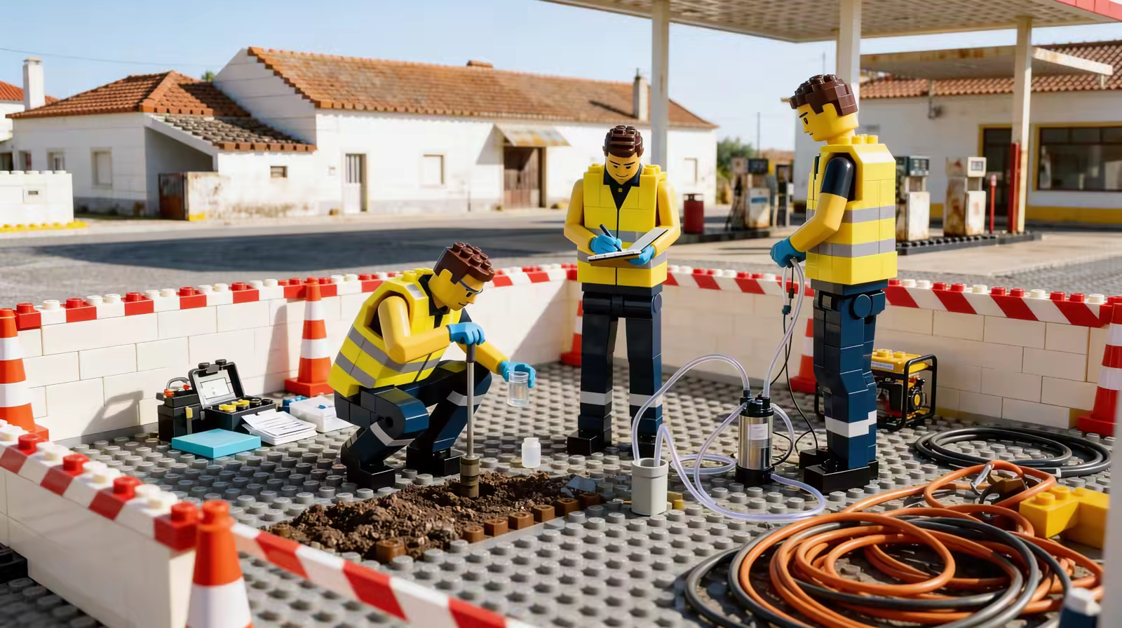 Estação de serviço em operação com contexto de monitorização de hidrocarbonetos em solo e água subterrânea.